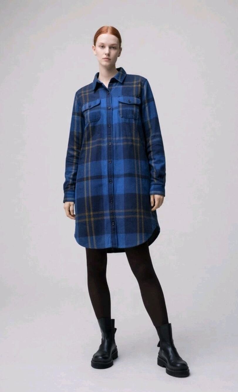 Outerknown Blanket Shirt Dress Womens S Blue Plaid Long Sleeve Button